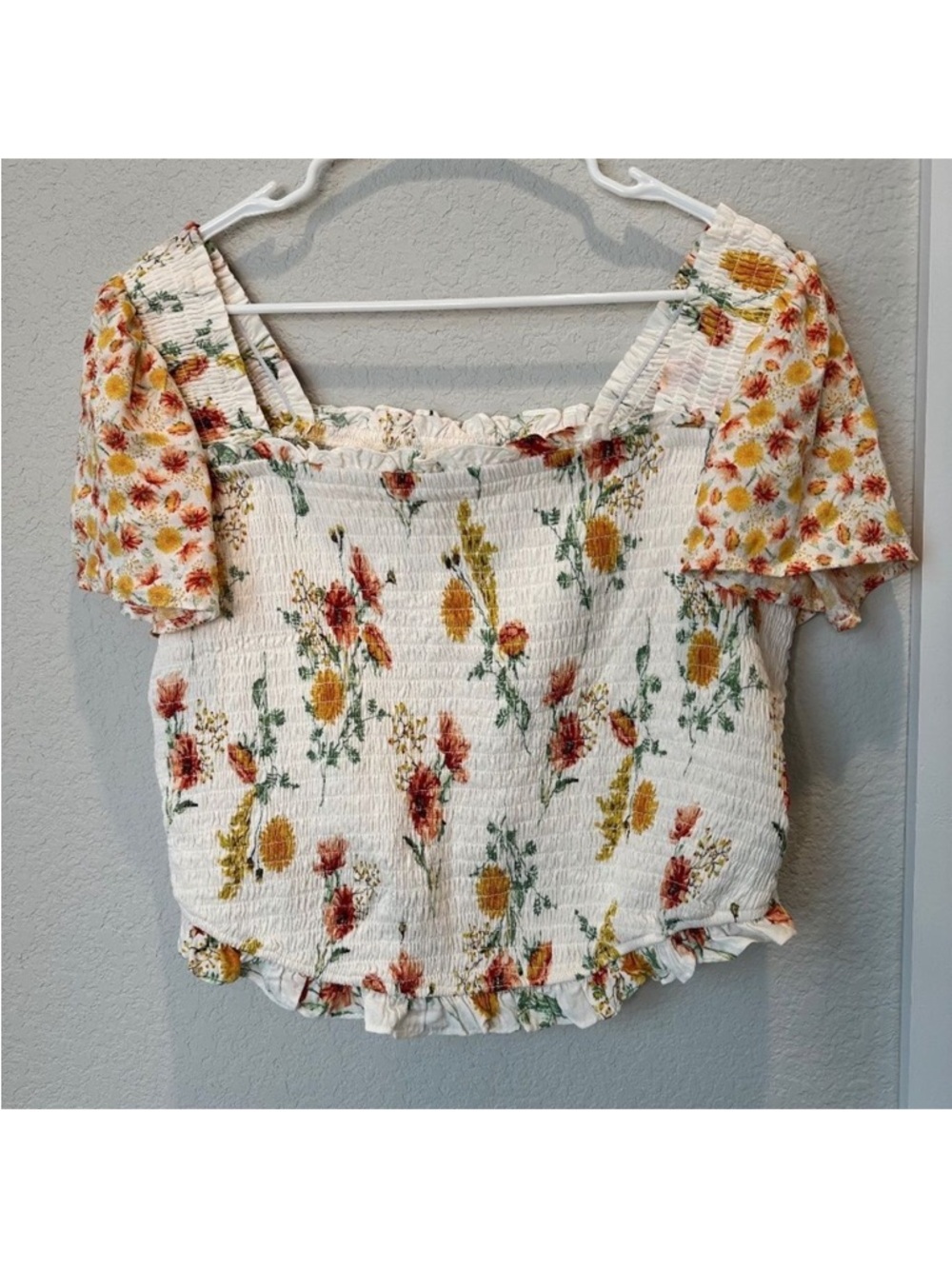 Torrid Cream Yellow Smocked Floral Square-Neck Crop Top 2X